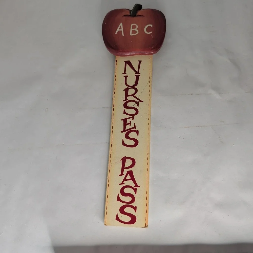 Wooden Nurses Pass Door Sign Red Apple Childrens Classroom School Hall Pass